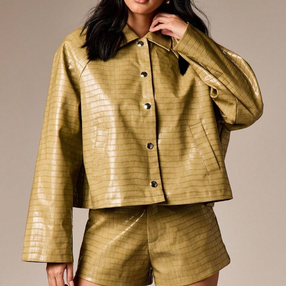 Women's Green Casual Oversized Jacket with Crocodile Texture